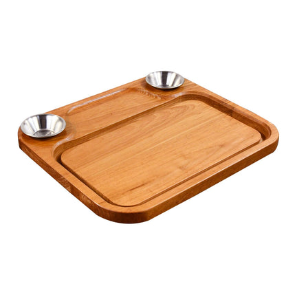 MAVOTER Wooden Steak Plates include 2 Sauce Cups, Wood Steak Board Set Serving Tray for Food Meat Cutting Board with Juice Groove, Charcuterie Board Platter for Home