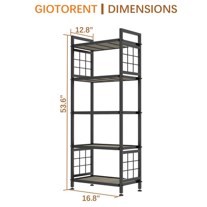 GIOTORENT 5-Tier Pantry Shelves with Wooden Boards, Heavy Duty Storage Shelves & Book Shelf, Adjustable Metal Shelving Unit for Kitchen Bathroom Laundry Organizer, Sturdy Rust-Resistant, Black