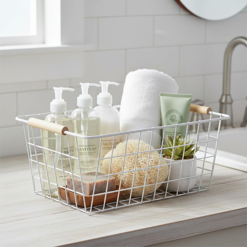 HDYOUDO White Metal Wire Food Storage Basket with Wooden Handles for Organizing Snack Basket,Pantry Organizers and Storage for Kitchen Cabinets 4 Pack (Medium)