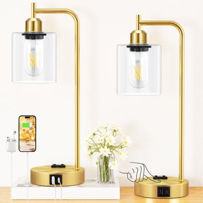 Innqoo Industrial Gold Table Lamp for Bedrooms Set of 2-3-Way Dimmable Desk Lamp with USB C+A Ports and Outlet, Gold Lamps with Clear Glass Shade for Living Room, Desk Lamps for Home Office