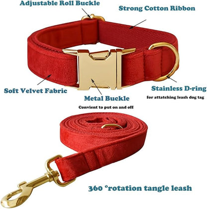 Love Dream Velvet Dog Collar and Leash Set, Soft & Comfy Adjustable Dog Leash and Collar with Heavy Duty Metal Buckle for Small Medium Large Dogs Training & Walking (Medium, Red)