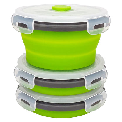 CCyanzi 3piece Round Collapsible Bowl with Lids, Silicone Food Storage Containers, Microwave & Freezer Safe, Space Saving for Kitchen Cabinet and Camping Backpack,(Pink)