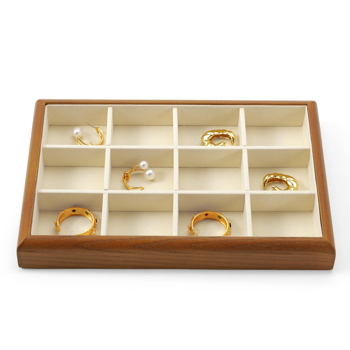 Oirlv Solid Wood 12 Grid Jewelry Organizer Tray Jewelry Drawer Organizer for Rings Earrings Storage Display(Creamy-white)