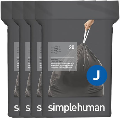 simplehuman Code J 80 Count, Genuine Odorsorb Custom Fit Liners, Drawstring