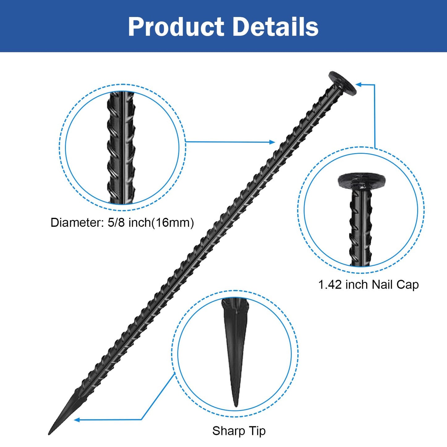 DOLEMODUO 4 Pack Rebar Stakes - 5/8 Diameter Heavy Duty Metal Stakes with Chisel Point Ends, Ground Stakes for Yard and Camping, Tree Stakes Supports