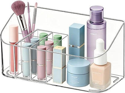Makeup Tray Holder Organizer Cosmetic Display Case Tabletop Desktop Vanity Countertop Bathroom Wall Cabinet Medicine Storage Box 9 Dividers 2 Removable Women Ladies Girls Gifts Crystal Clear 1 PACK