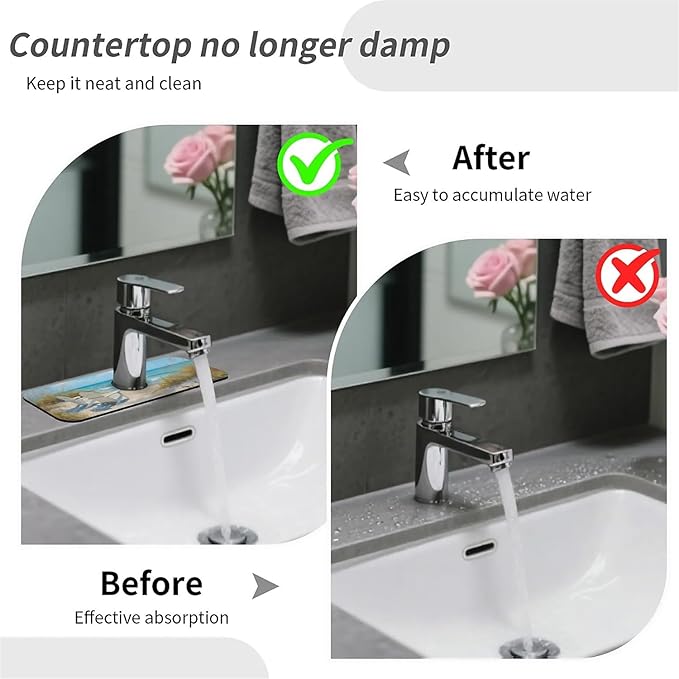 Kitchen Sink Splash Guard，Beach-scene Faucet Mat Sink Gadgets-Super Absorbent