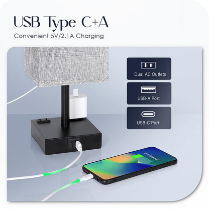Bedside Table Lamps Set of 2 - Touch Nightstand Lamp for Bedroom with USB C+A Charging Ports & AC Outlets, 3-Way Dimmable Desk Lamp Grey Fabric Shade for Bedroom Living Room, Office(Bulb Included)