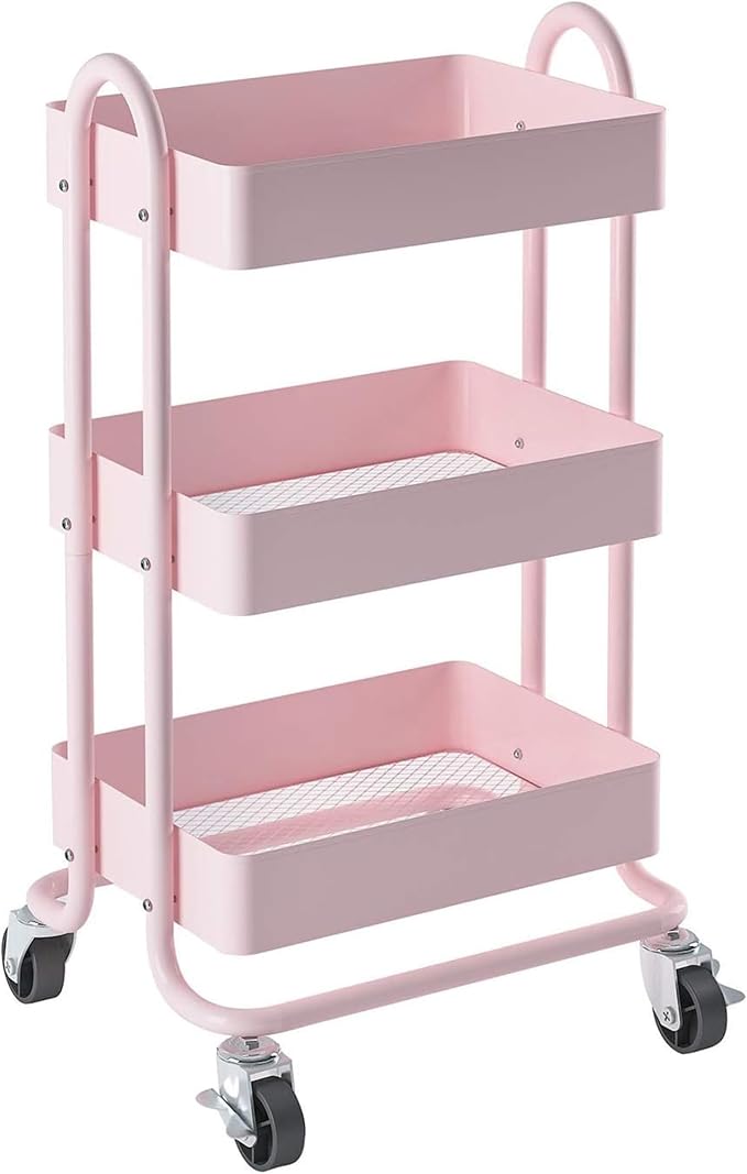 Metal Rolling Cart,3-Tier Pink Rolling Cart with Wheels,Metal Utility Cart with Wheels for Office,Home,Kitchen,Garden（13.4"x18.1"x31"） Pink