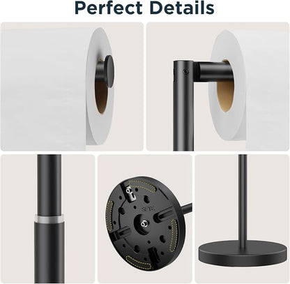 FORIOUS Toilet Paper Holder Stand Adjustable, Stainless Steel Freestanding Toilet Paper Holder with Storage, Bathroom Tissue Roll Stand Storage for 4 Rolls, Matte Black