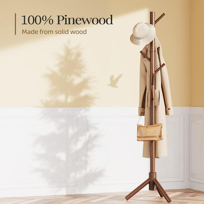 Pipishell Solid Wooden Coat Rack Freestanding, Hall Tree with 8 Hooks, 3 Height Options for Coats, Hats, Handbags, and Scarves, Tool-Free Assembly, Space Saving Design for Entryway, Office, Bedroom
