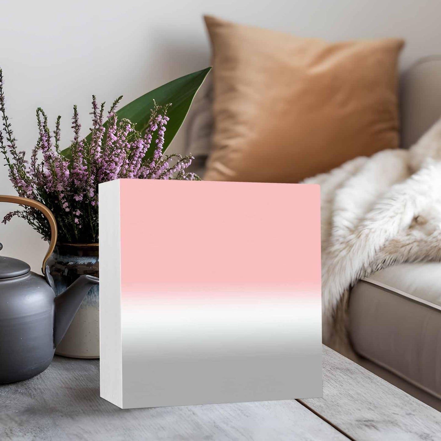 Wood Box Sign Desk Decor Pink White Grey Gradient Square Boxes Sign, Ombre Art Wooden Block Box Sign Decoration for Home Wall Tabletop Shelf Office Decor,6x6IN
