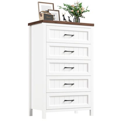 Jocoevol 5 Drawer Dresser for Bedroom - Farmhouse 44.9" Tall Chest of Dresser with Large Storage, Rubst Wood Construction for Living Room, Hallway & Entryway - White (White & Brown)