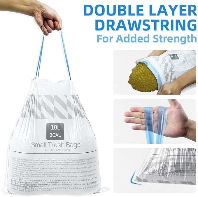 XUXRUS Small Trash Bags 3 Gallon Drawstring, Strong & Durable, Easy-Dispense