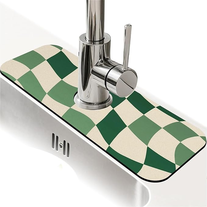 Kitchen Sink Splash Guard，Green-and cream checkered Faucet Mat Sink