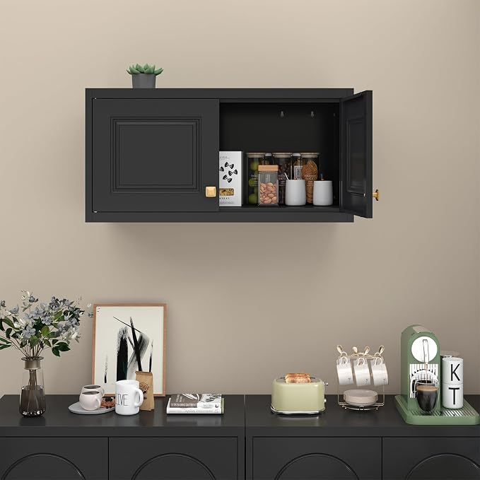 SteeLoong 15" Wall Storage Cabinet,Black Bathroom Wall Mounted Cabinet,Metal Armoire Wardrobe Closet Storage Cabinets for Basement,Livingroom Home Office