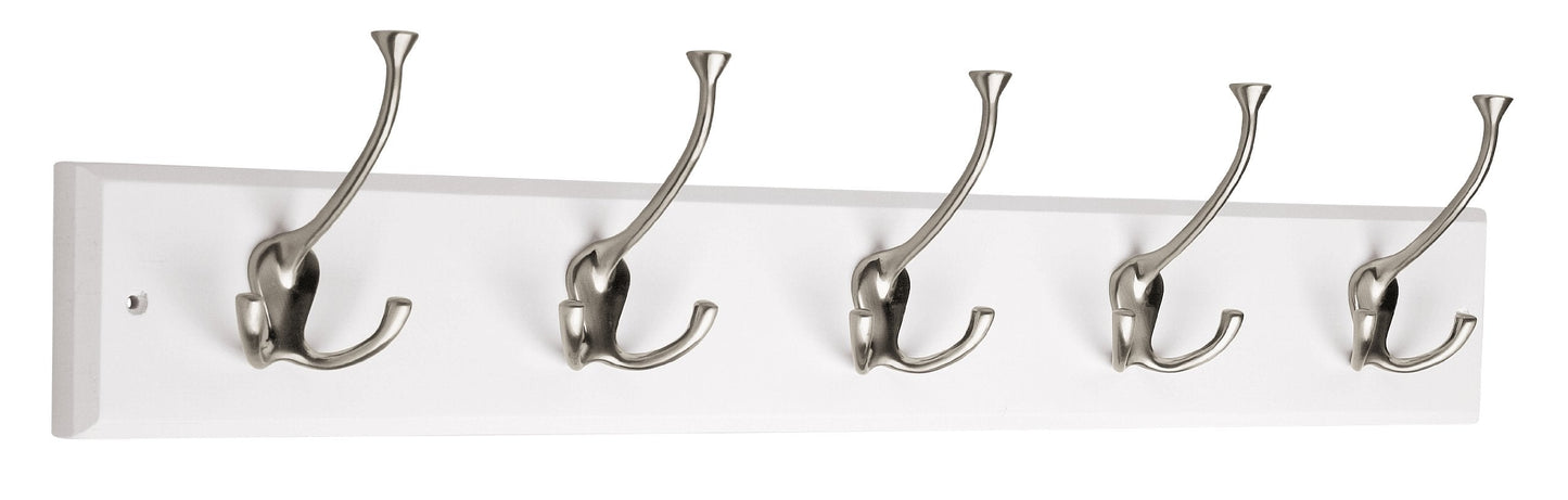 Liberty Hardware 129848 Wall Mounted Coat Rack with 5 Decorative Hooks, 27-Inch, Satin Nickel and White