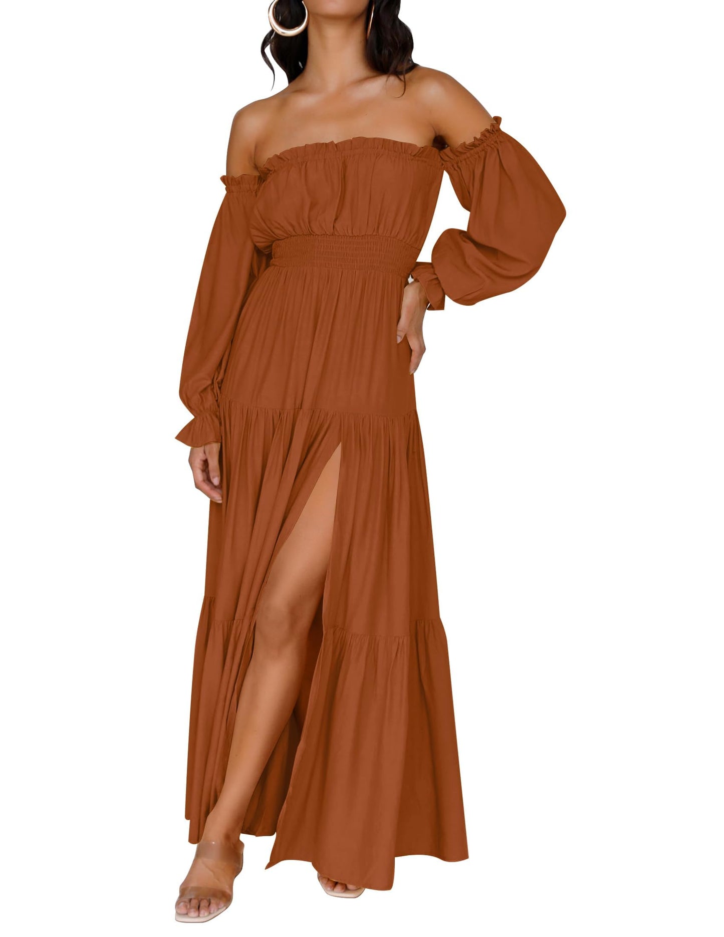 ZESICA Women's 2025 Boho Sexy Off Shoulder Long Sleeve Smocked High Waist Side Split Flowy A Line Tiered Long Maxi Dress