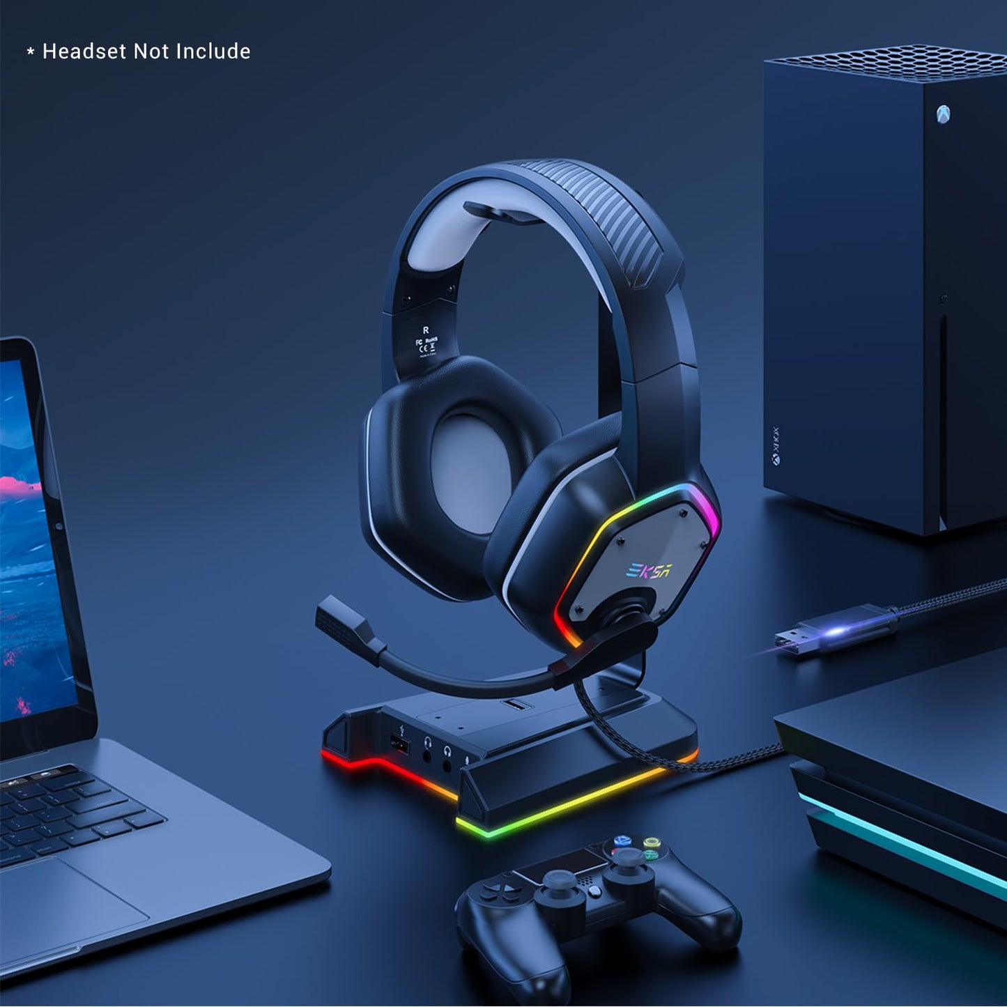 EKSA RGB Headset Stand, Headphone Stands with 7.1 Surround Sound & USB/3.5mm Port, Desk Gaming Headsets Holder with Aluminum Alloy Rod & Non-Slip Rubber Pad, Suitable for Most Gamer Desktop Earphones
