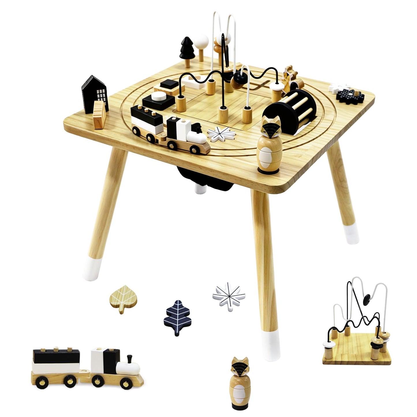 IDEA FAMILY Wooden Montessori Activity Table for Toddlers 1-3, Kids Play Sensory Toy Table, Activity Center with Bead Maze, Shape Sorter, Train Track, Educational Learning Toys for Girls Boys