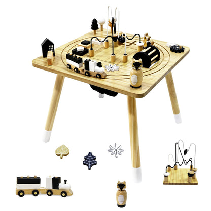 IDEA FAMILY Wooden Montessori Activity Table for Toddlers 1-3, Kids Play Sensory Toy Table, Activity Center with Bead Maze, Shape Sorter, Train Track, Educational Learning Toys for Girls Boys