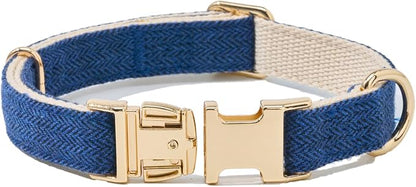 Soft Cotton Hemp Dog Collar with Metal Buckle Adjustable Tweed Dog Collars for Small Medium Large Dogs(Royal Blue,Medium)