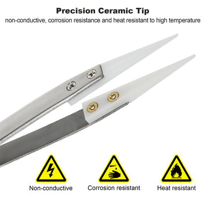 6 Pcs Precision Ceramic Reverse Solder Tweezers, Non-Conductive, Anti-Magnetic Pointed & Curved Tips Tweezers Set, Cross Lock Fiber Grip Soldering Tool, Heat-resistant Electronics Tweezers