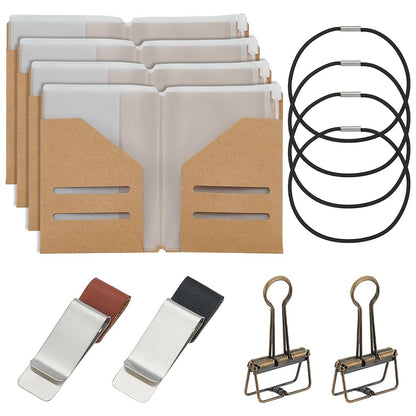 OLYCRAFT 4 Pack Travelers Notebook Accessories Kit Travel Diary Accessory Set Include Travel Kraft File Folder Transparent Bags Rubber Band Pen Clips Loose-Leaf Clips for Diary Passport Organizer