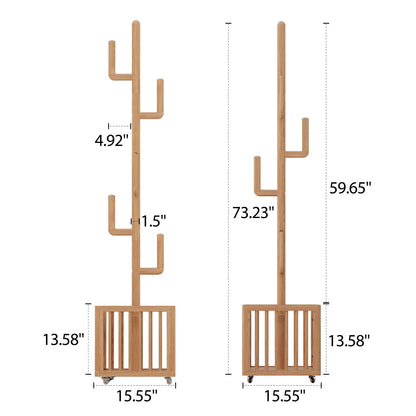 YQJJGL Solid Wood Cactus Coat Rack with 6 Hooks and Storage Basket,Natural