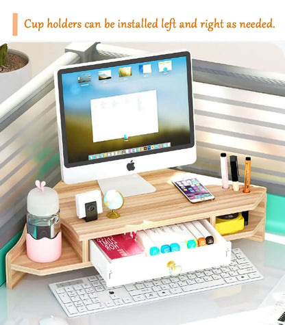 KUAIYU Triangle Monitor Stand Riser,Cut Triangle Save Space Desktop Corner,Desktop corner shelf with drawers wooden computer stand with storage laptop risers office organization. (Have drawers)