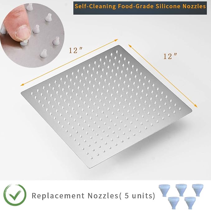 BESy 12 Inch Rain Shower Head, 12" Square Rainfall & High Pressure Stainless Steel Bath Shower Head, 1/16" Ultra Thin, Waterfall Full Body Coverage with Silicone Nozzle, Non Fingerprint Brushed Finish