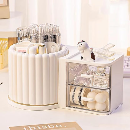 Makeup Organizer Countertop, 360 Rotating Makeup Brush Holder with 2 Drawer Organizer, Small Preppy Kids Desk Organizer, 9.25x5.11 Inch, White