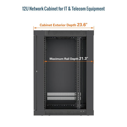 Tecmojo 12U Wall Mount Rack Cabinet, Heavy-Duty 176 Lbs High Load Capacity, 19” Enclosed Server Network Rack with 2 Colling Fans, Glass Door, 23.6” Deep – Elite Collection