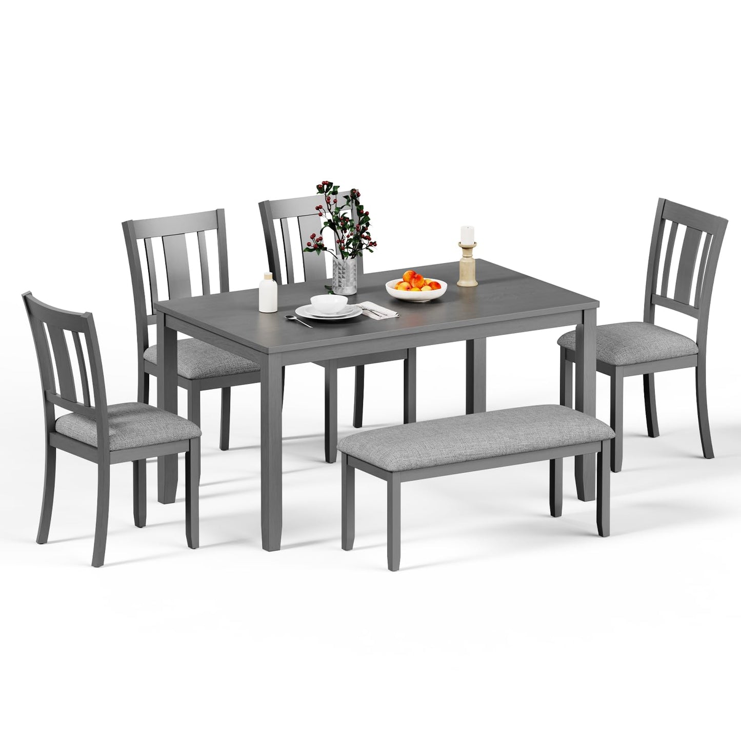 Zevemomo 6-Piece Wooden Dining Table Set, Dining Table Set for 6, Including 1 Dining Table, 4 Upholstered Chairs and 1 Bench, Wooden Legs Dining Table, Table Set for Dining Room & Kitchen, Grey