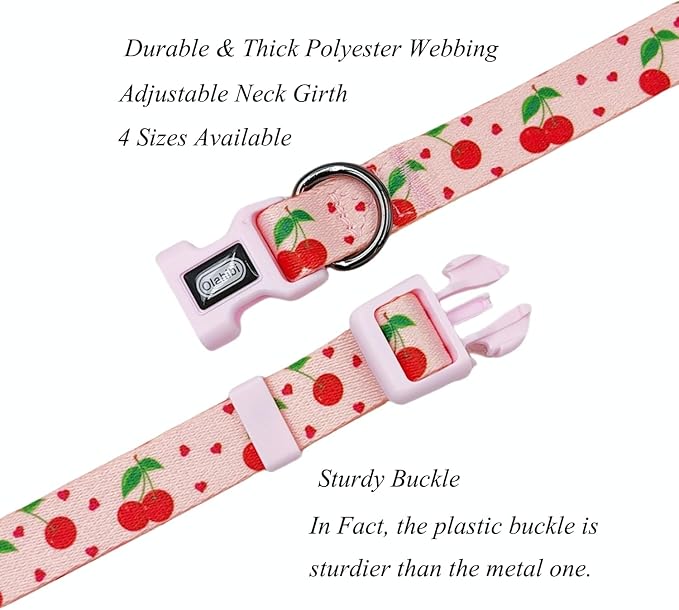 Dog Collar Leash Set, Fruit Pattern, Polyester Material, Adjustable Collar and 5ft Matching Leash, for Large Dogs.(L, Pink Cherry)