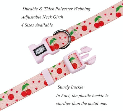 Dog Collar Leash Set, Fruit Pattern, Polyester Material, Adjustable Collar and 5ft Matching Leash, for Large Dogs.(L, Pink Cherry)