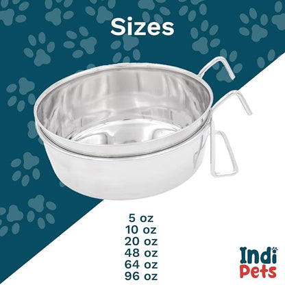 INDIPETS Coop Cup with Hook/Wire Holder: Pet Water and Food Bowl | 20 oz, Stainless Steel (PN: 800115)