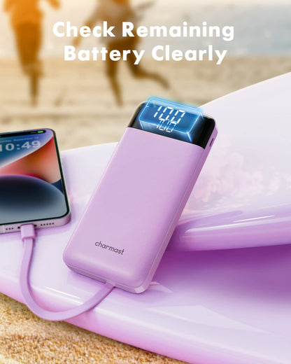 charmast Portable Charger with Built in Cables, Power Bank with Cords Wires, Slim 10000mAh Travel Battery Pack 6 Outputs 3 Inputs 3A Fast Charging for Samsung Google Pixel LG Moto iPhone iPad