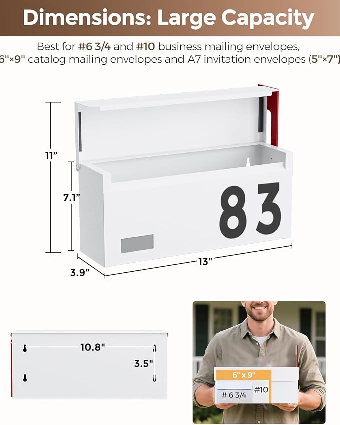 Modern Mailboxes for Outside, Metal Wall Mount Mailbox, with One Flag Kit and Three Sets of Mailbox Number Stickers, 3.9" D×13" W×7.1" H, Rust Resistant Coating Mail Boxes for House, White