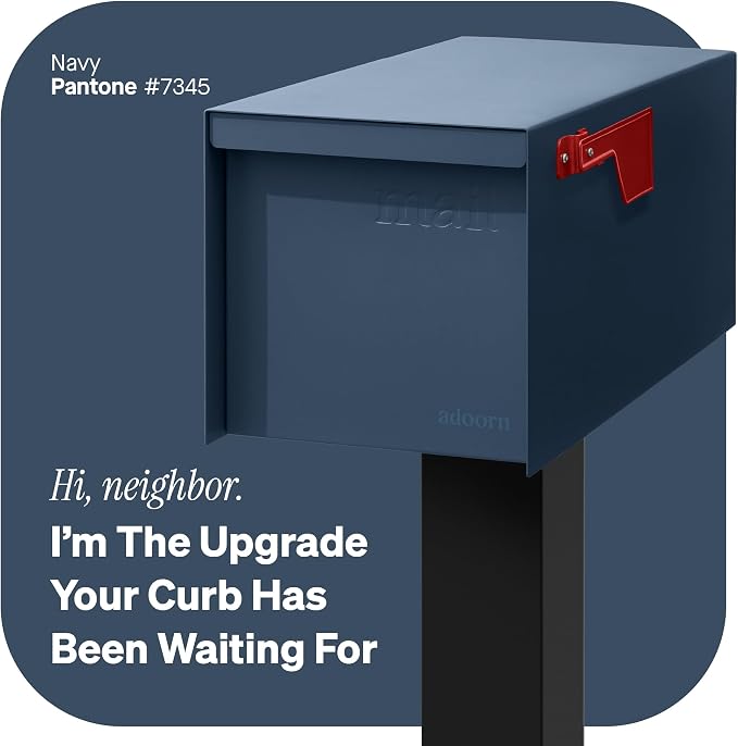 Adoorn Post Mount Outdoor Mailboxes - Large Decorative Mailbox for Letters and Packages - Weatherproof Construction - Durable Steel - Magnetic Closure - 9.5” H x 9.5” W x 20.75” D - Navy