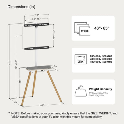 ECOTINY Tripod Easel TV Stand for 43–65 Inch TVs, Height Adjustable Swivel Floor Stand with Wooden Tray and Cable Management, VESA 400x400, Minimalist White