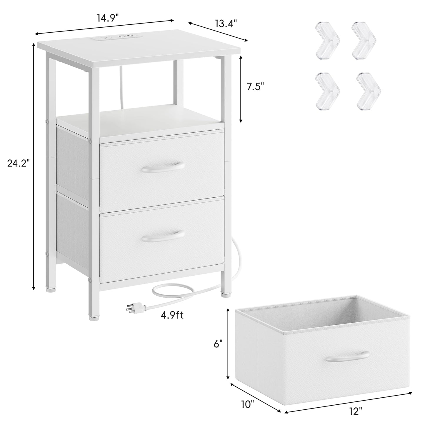Vagusicc Nightstand Set 2 with Charging Station, End Table with Fabric Drawers, Bedside Table with Open Wood Shelf, 24.2" Tall Side Table with USB Ports & Outlets, Night Stand for Bedroom, White