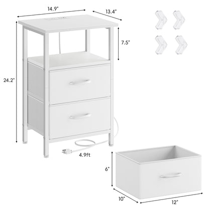 Vagusicc Nightstand Set 2 with Charging Station, End Table with Fabric Drawers, Bedside Table with Open Wood Shelf, 24.2" Tall Side Table with USB Ports & Outlets, Night Stand for Bedroom, White