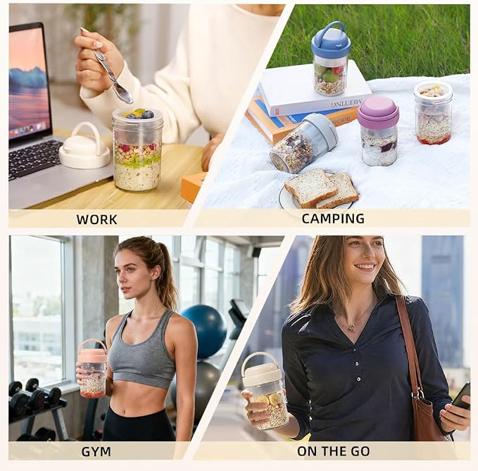 UWILLION Overnight Oats Containers with Handles, 16 oz Glass Mason Jars with Lids, Folding Spoons & Topping Compartments, Yogurt Parfait Cups for Meal Prep, Chia Pudding, Breakfast to Go, 2 Pack