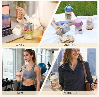 UWILLION Overnight Oats Containers with Lids and Handles, 16 oz Glass Mason Jars with Folding Spoons & Topping Compartments, Yogurt Parfait Cups for Meal Prep, Chia Pudding, Breakfast to Go, 2 Pack