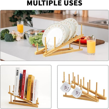 2 PCS Wooden Dish Rack Bamboo Drying Rack Stand Pot Lid Holder Kitchen Cabinet Organizer for Dish Plate Bowl Cup Pot Lid Cutting Board