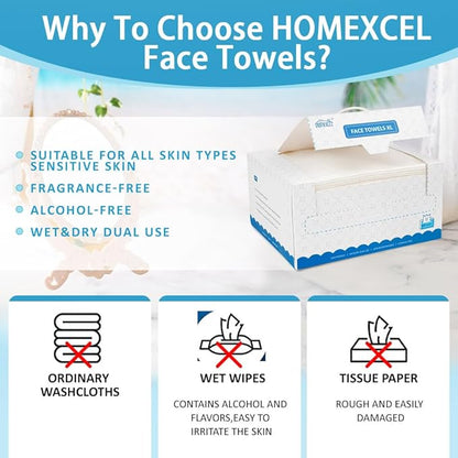 HOMEXCEL Face Towels 50 Count, Disposable Makeup Remover Wipes, Super Soft
