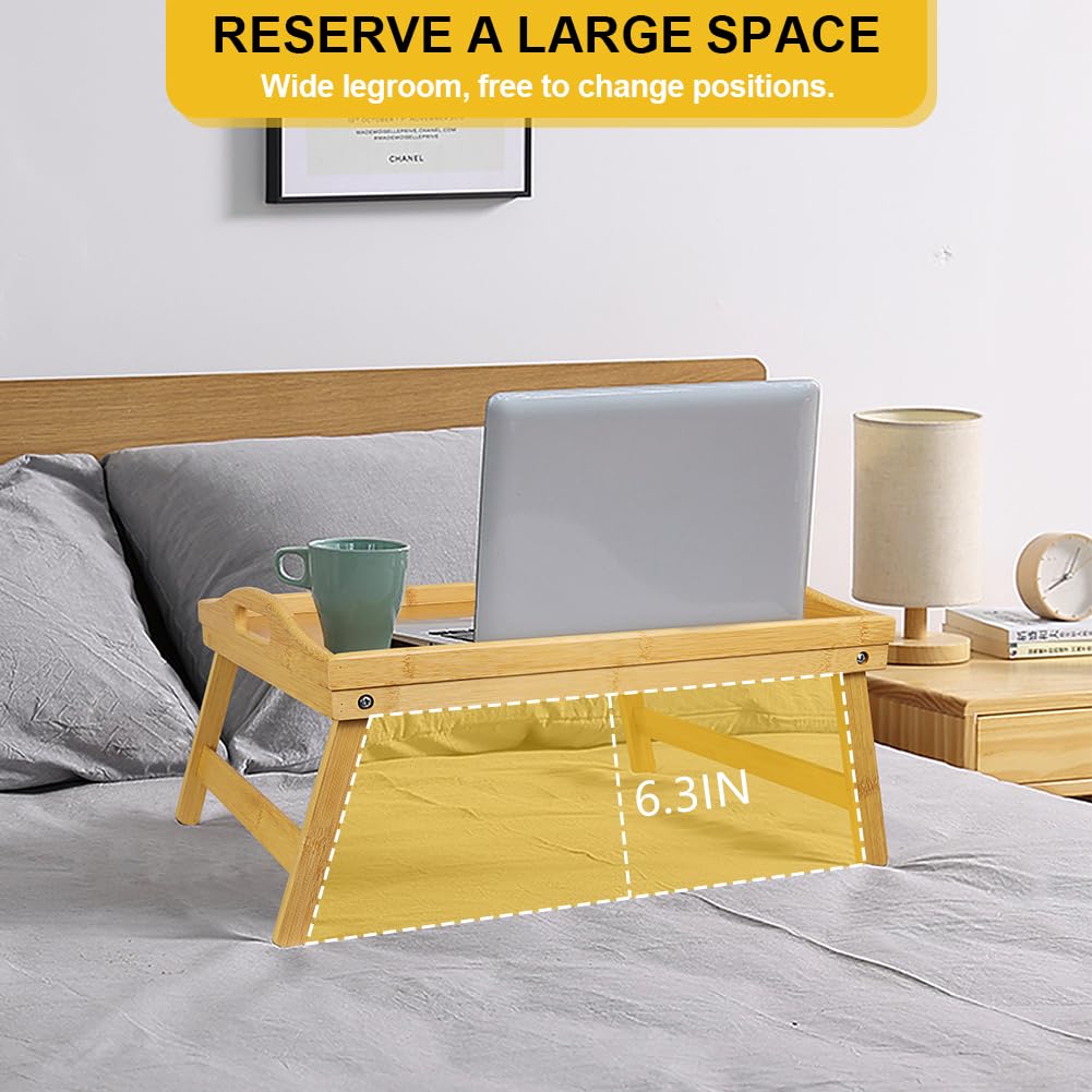 WKWKER Bamboo Bed Tray Table with Folding Legs Set of 2 Foldable Breakfast Tray Portable Serving Table Laptop Snack Drawing Breakfast Trays for Bed (Set of 2)