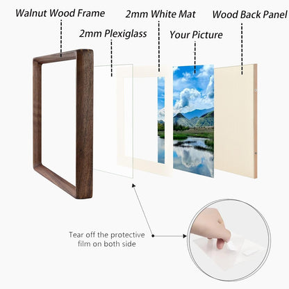Husteria 16x20 Picture Frame in Natural Walnut Wood, Solid Wooden Photo Frames Matted to 12x16, Gallery Poster Frames for Wall Mount