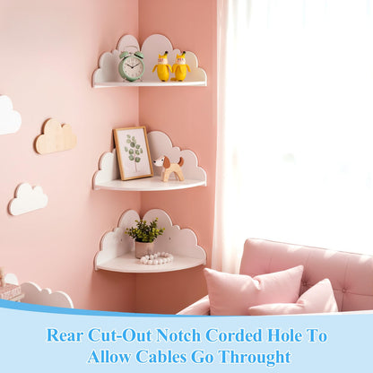 KongTiva Cloud Floating Corner Shelves, Set of 3 Cloud Corner Floating Shelves Wooden Cute Wall Mounted Shelf Clouds Dispaly Shelf for Toys Plants & Storage